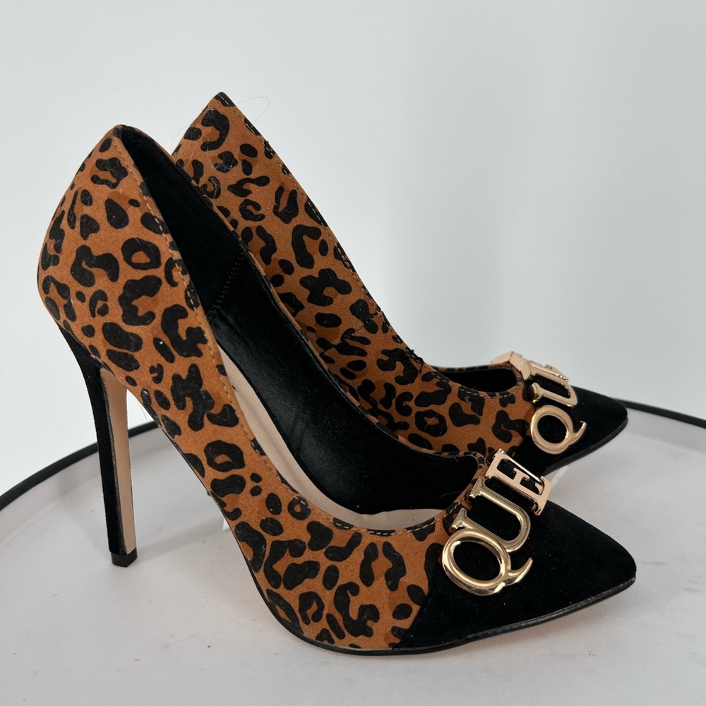 SHOE DAZZLE‎ HEELS BLACK CHEETAH QUEEN SLIP ON PUMPS, PADDED INSOLE, POINTED TOE